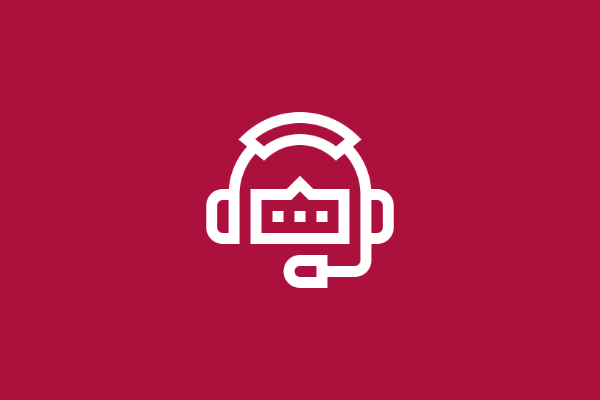White headset with microphone icon on a dark red background, representing customer service.