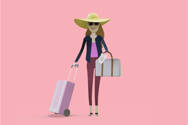 Illustration of Meryl, who is pulling a suitcase and is ready for a holiday