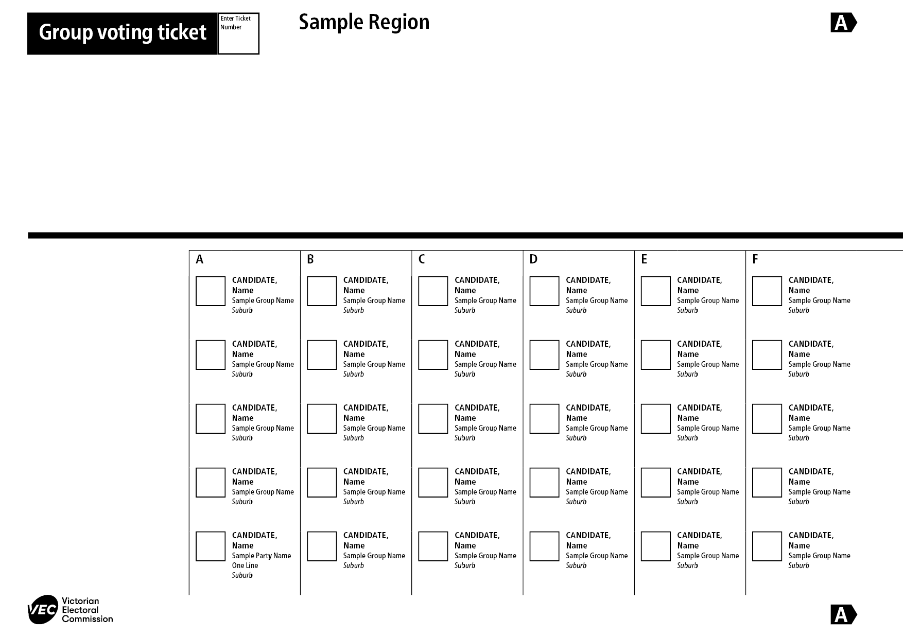 Example of a group voting ticket showing blank squares where candidates will write the preferences they want to assign