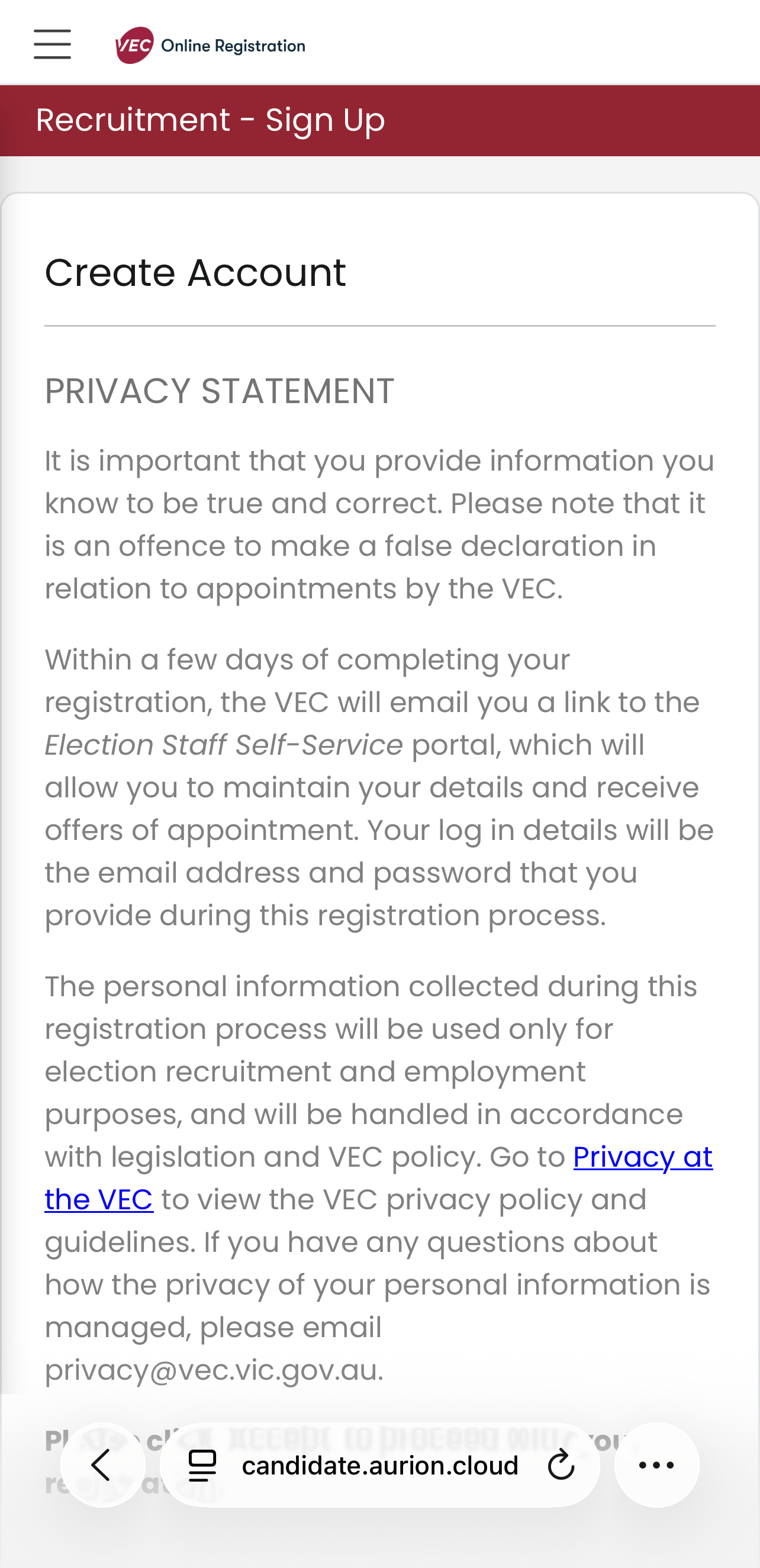 A screenshot showing a privacy statement