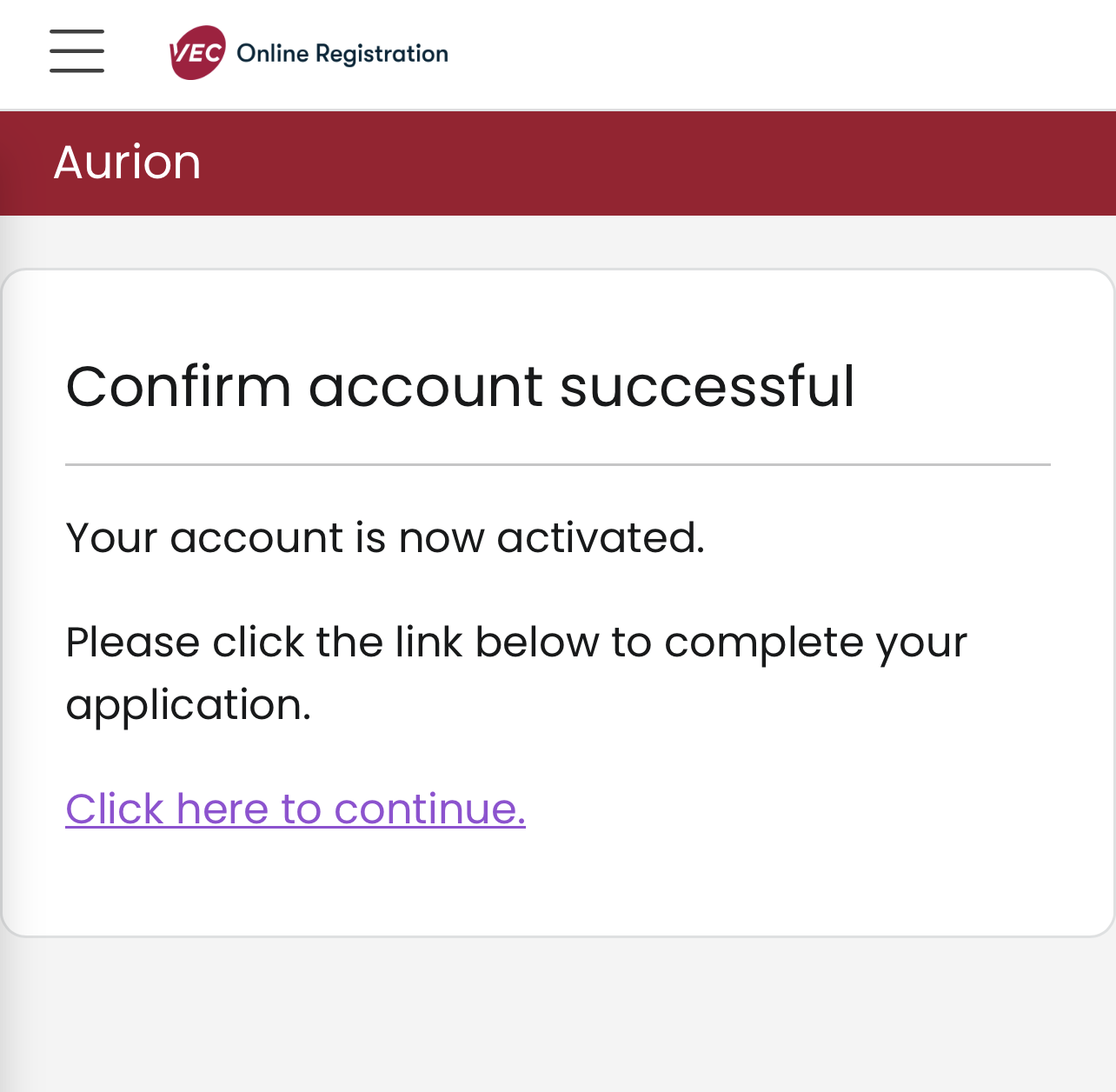 A "Confirm account successful" message