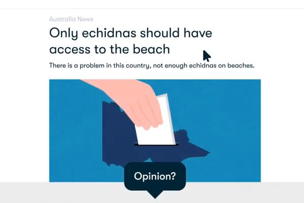 Mock online news story with the headline 'Only echidnas should have access to the beach'. There is also a hand placing a ballot into a silhouette of the state of Victoria. 