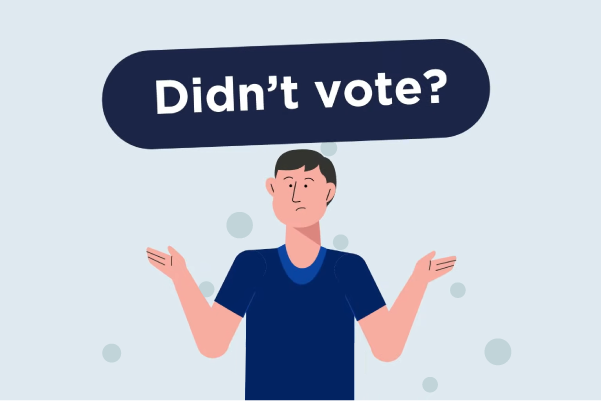 A illustrated person with a confused face and outstretched arms under text that says 'Didn't vote?'
