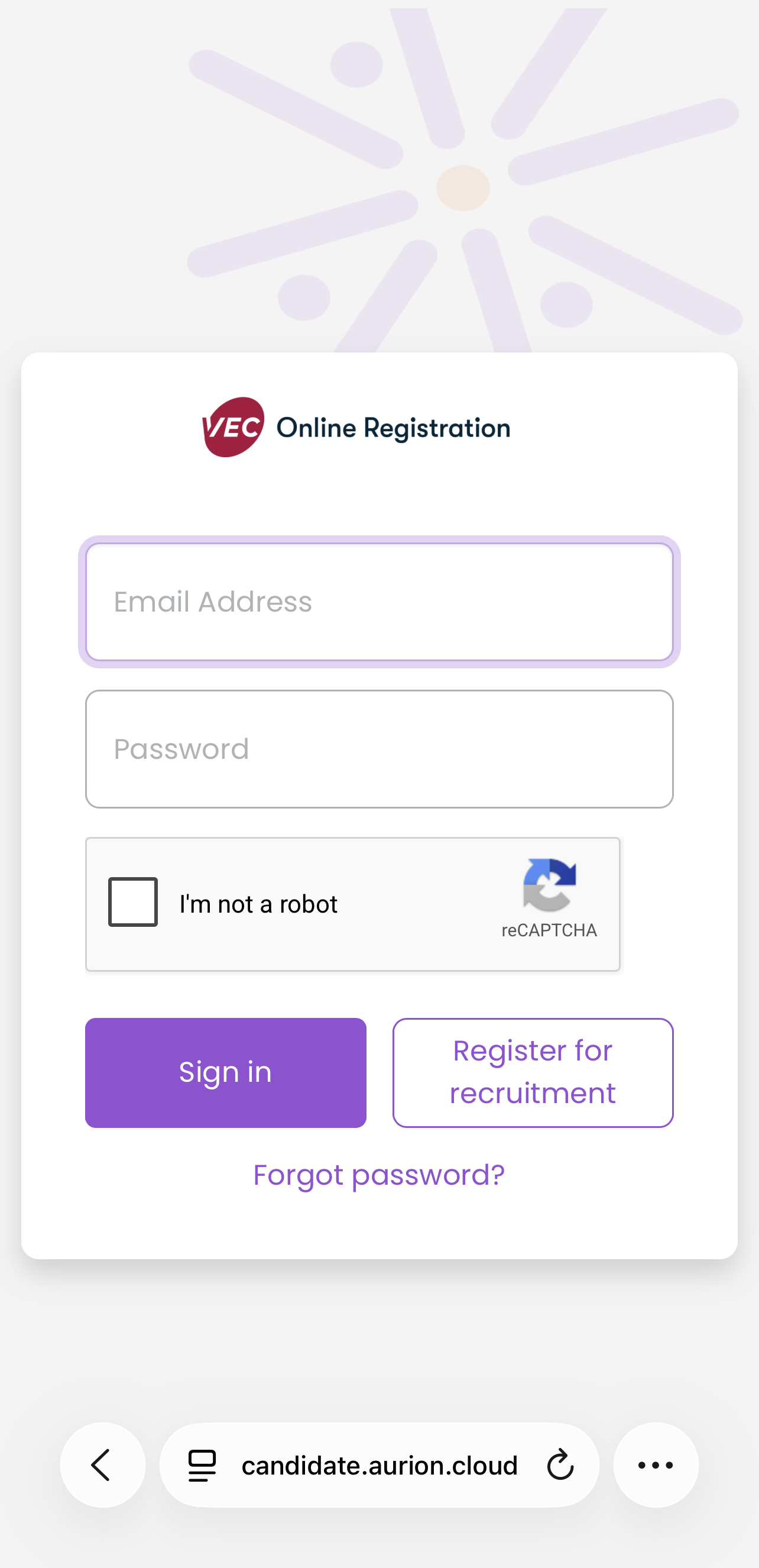 A screenshot showing the VEC Online Registration page