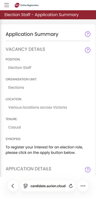 A screenshot showing the application summary screen