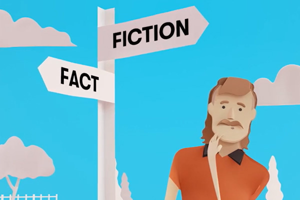 Illustration of a man looking confused next to a sign pointing in two different directions. The 2 directions on the sign read 'fact' and 'fiction'. 