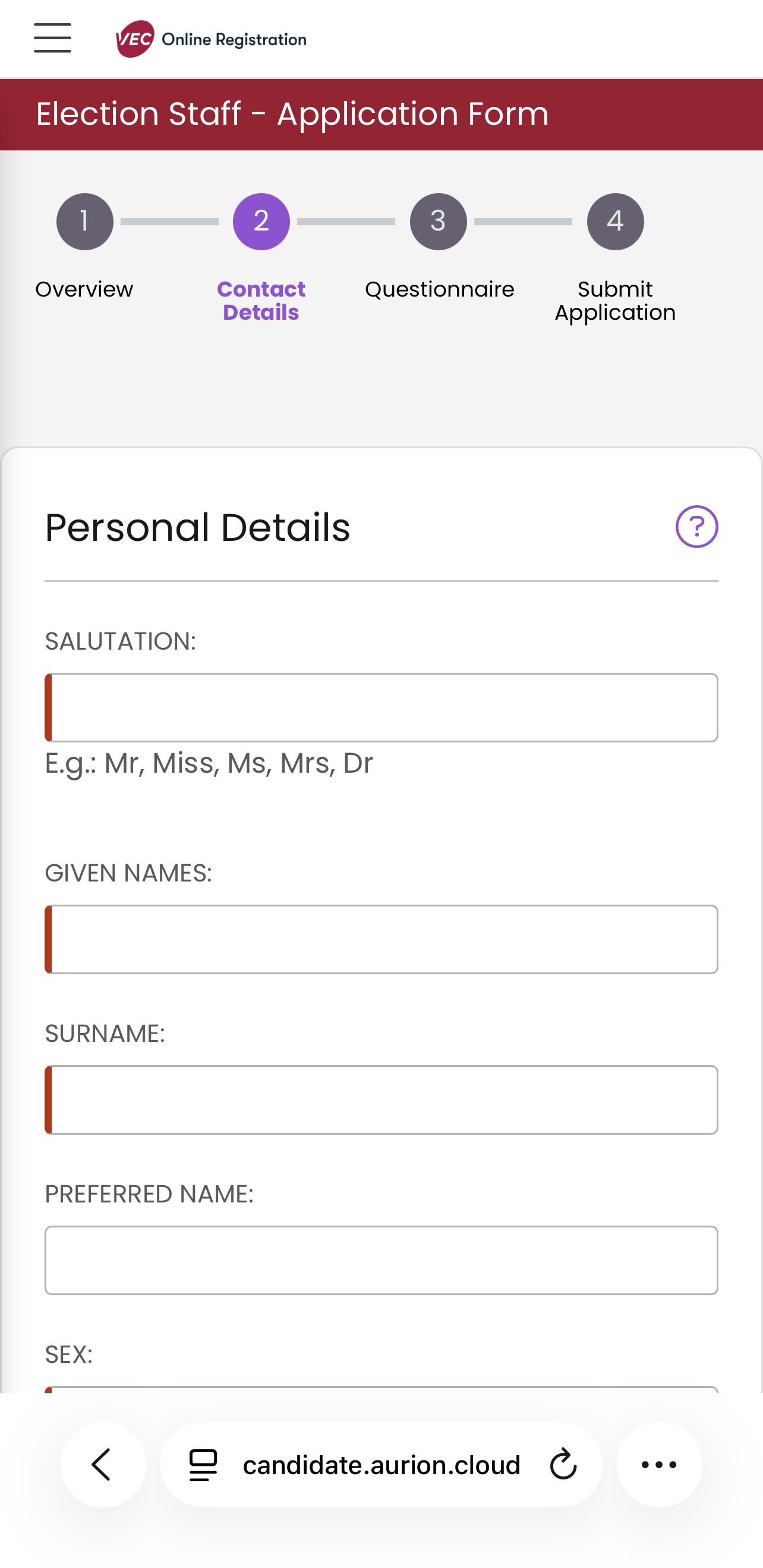 A screenshot showing the election staff Application Form