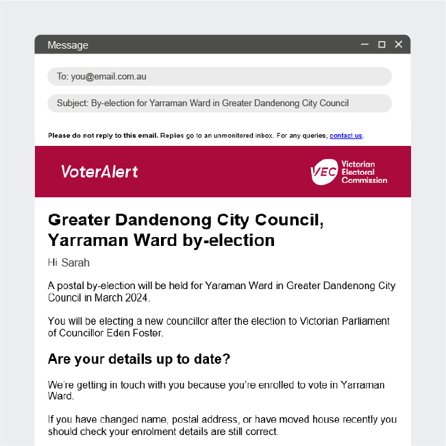 VoterAlert email example Example of a VoterAlert email