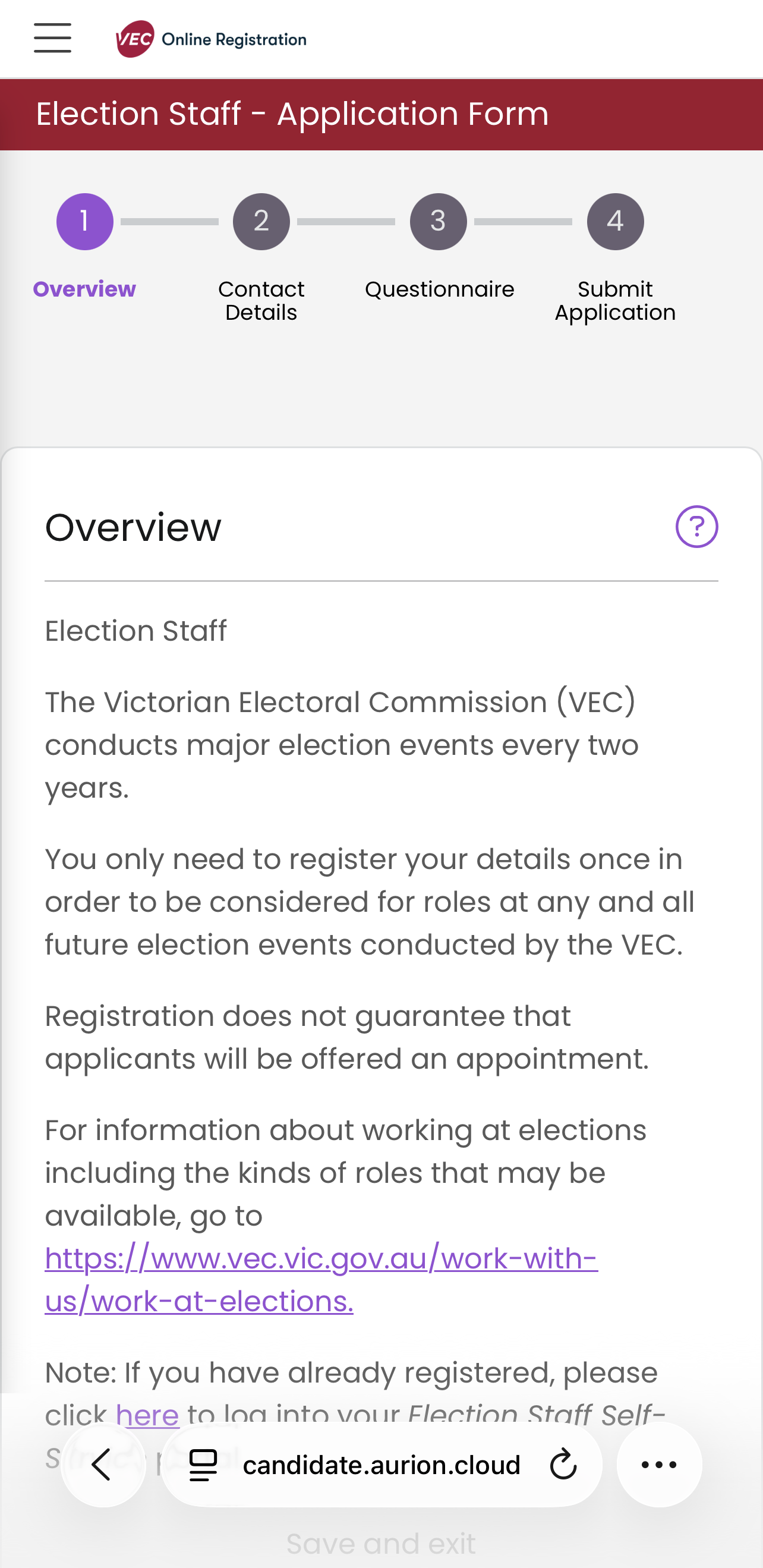 A screenshot showing the election staff Application Form