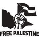 Free Palestine logo. A hand holding the Palestinian flag on top of an outline of the state of Victoria.
