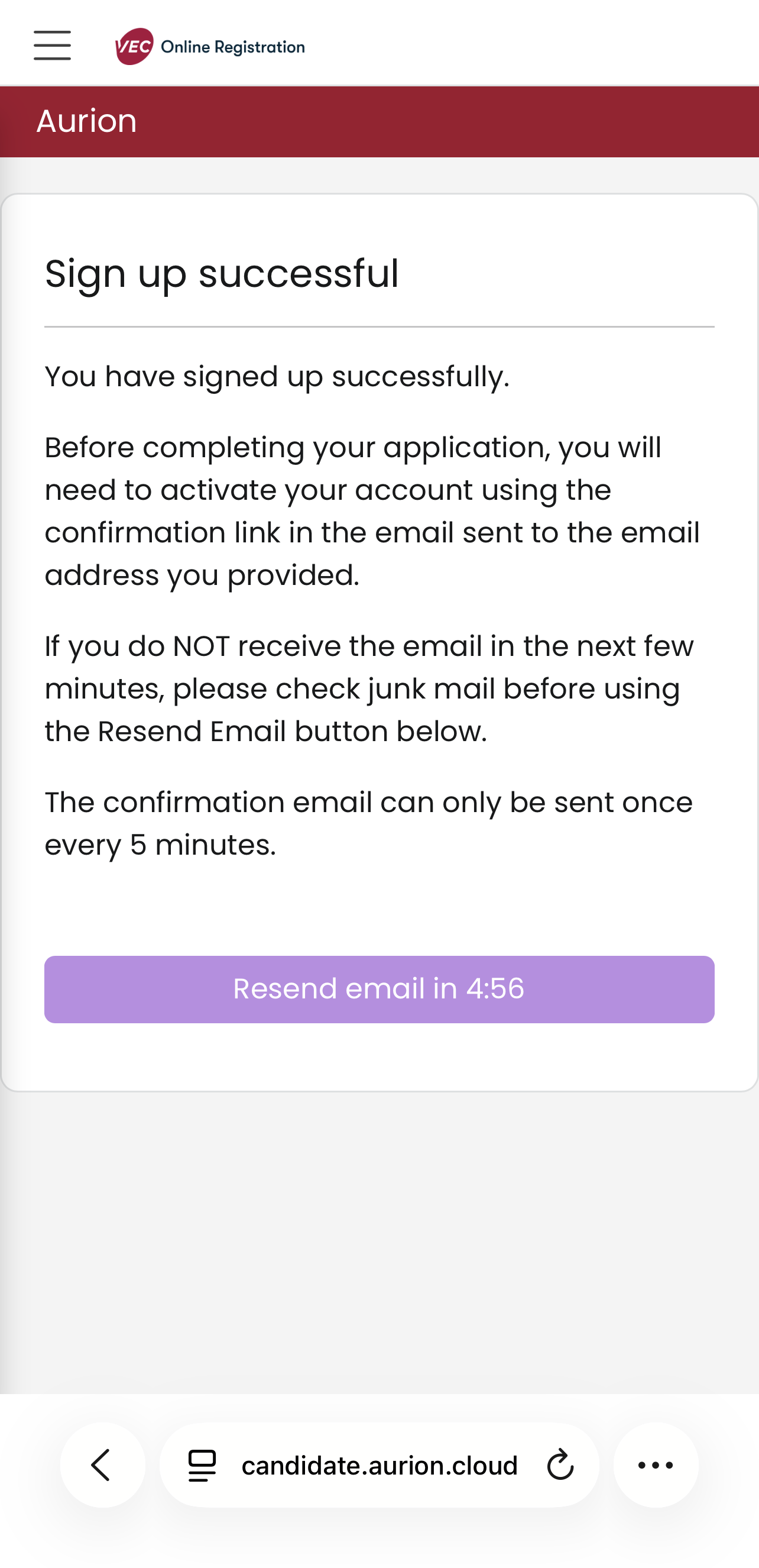 A screenshot showing a "Sign up successful" message