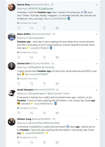 A screenshot of bots on twitter. There are 4 different profiles all tweeting the same thing about a new app. The accounts all have long strings of numbers at the end, like @Charles79929420.