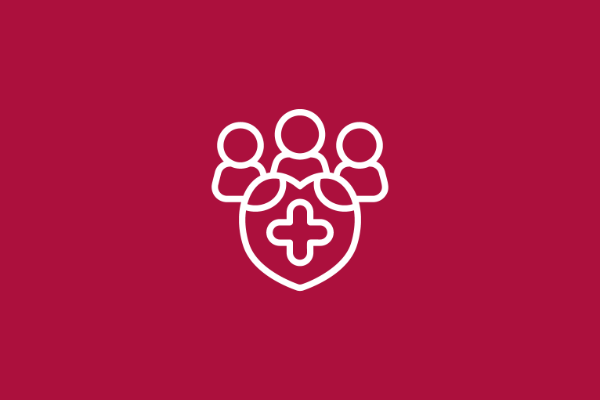 White icon of three people above a shield with a medical cross on a dark red background, representing workplace health and safety.