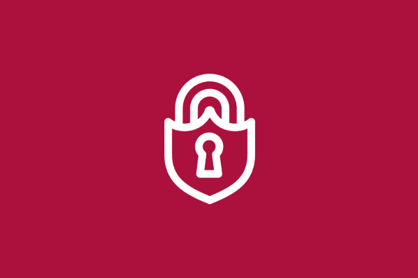 A red background with a white icon of a padlock in the shape of a shield 