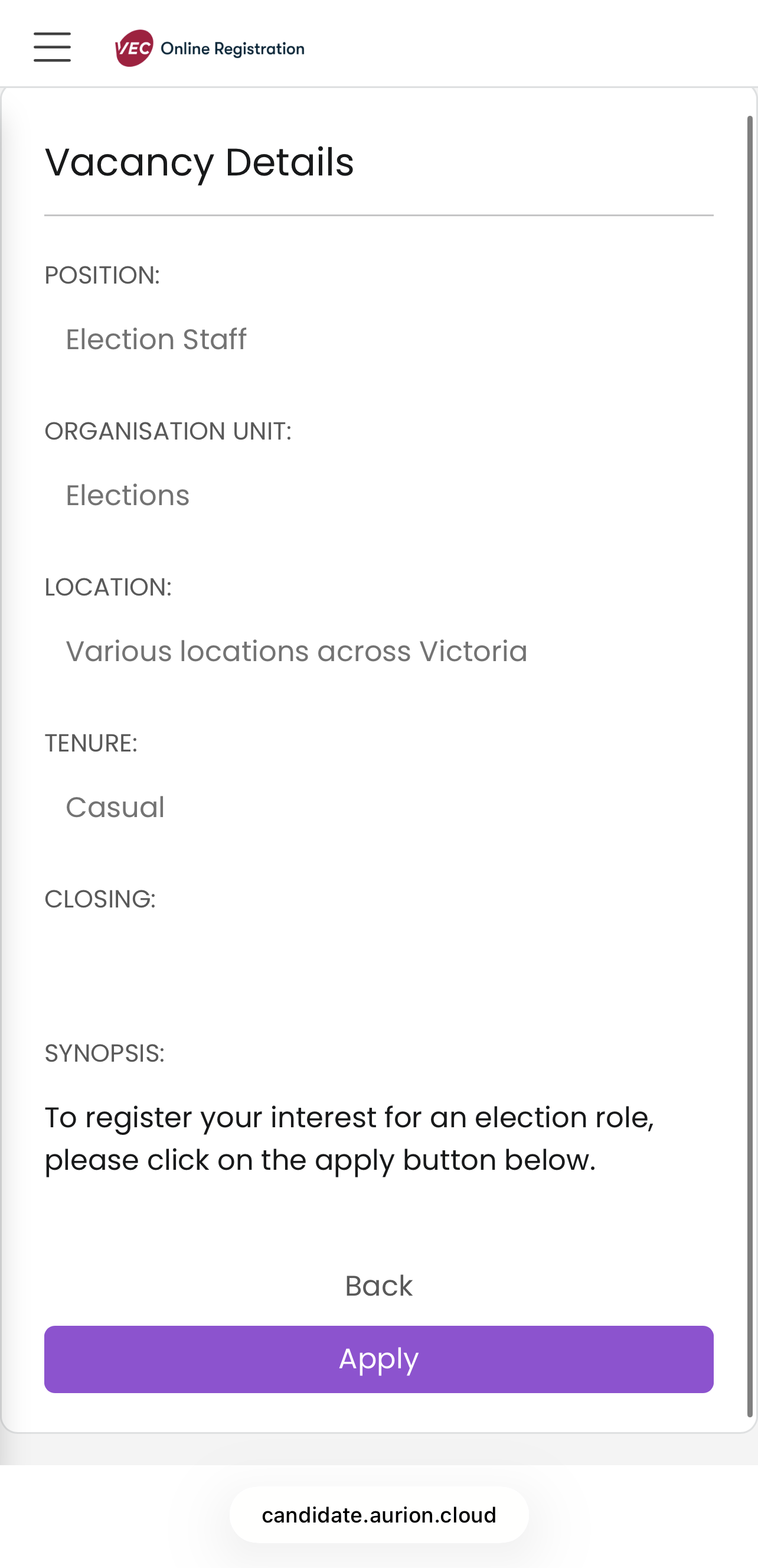 A screenshot showing the VEC Online Registration page
