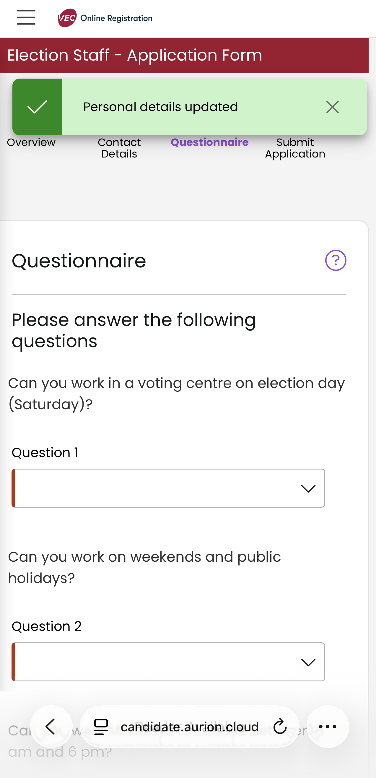 A screenshot showing the election staff Application Form