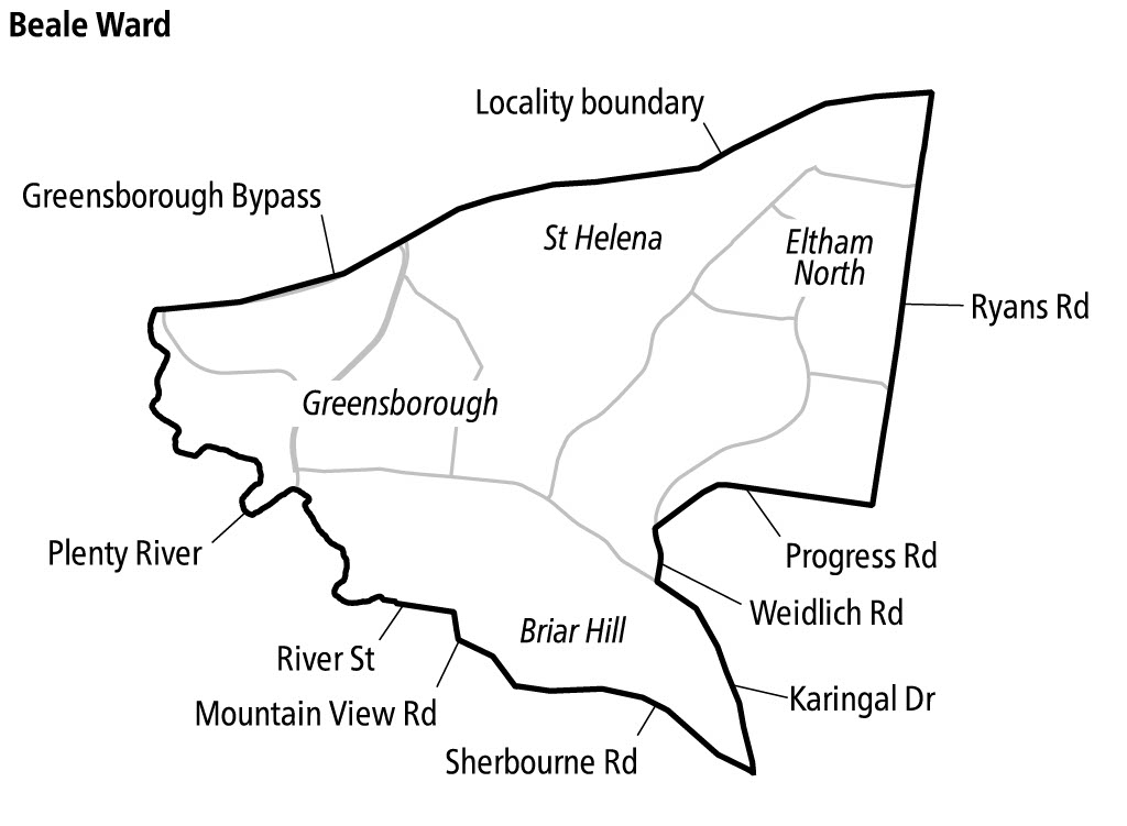 Map of Beale Ward in Banyule City Council. The ward includes parts of Greensborough, St Helena, Eltham North and Briar Hill. Boundaries follow the Greensborough Bypass, Ryans Road, Progress Road, Weidlich Road, Karingal Drive, Sherbourne Road, Mountain View Road, River Street and Plenty River