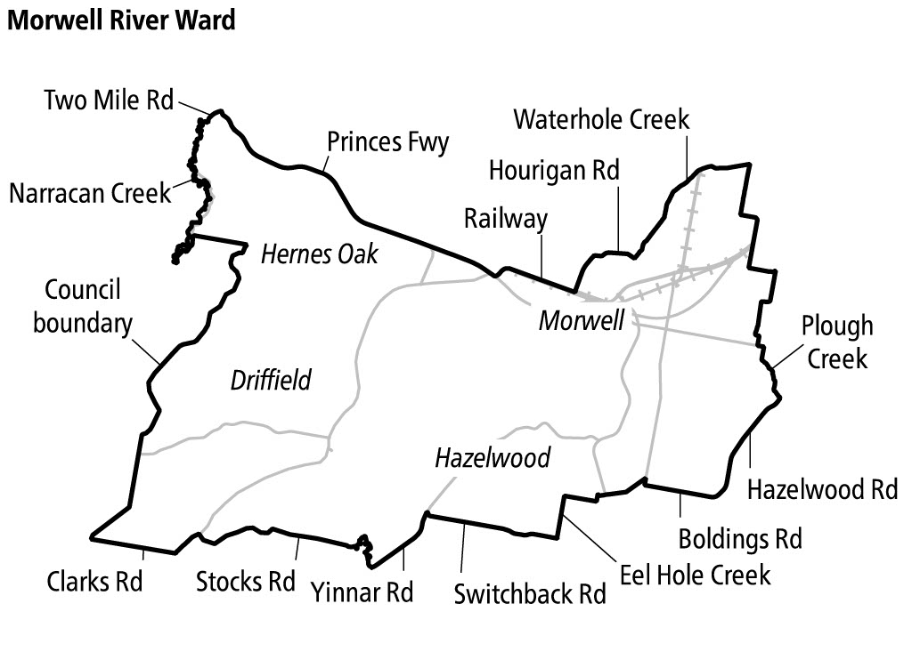 Map of Morwell River Ward showing Hernes Oak, Driffield, Hazelwood and Morwell. The western edge follows Narracan Creek, with Plough Creek to the east. Major roads and features include Princes Freeway, Hourigan Road and Hazelwood Road, with a railway passing through Morwell. Internal locality boundaries are lightly indicated.