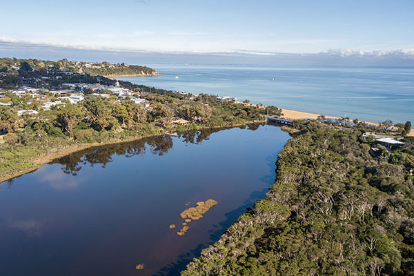 An aerial image of a lake meeting the ocean on the Mornington Peninsula.