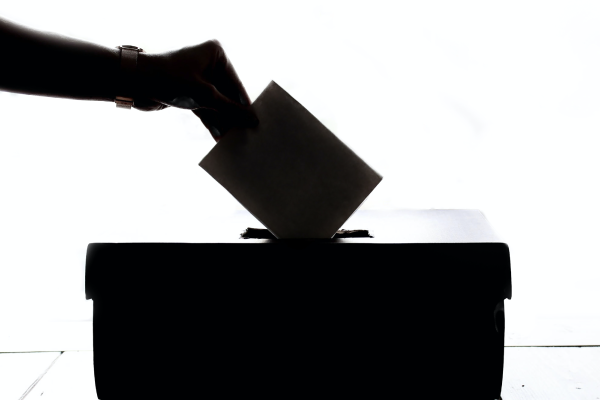 Hand placing ballot pack into box