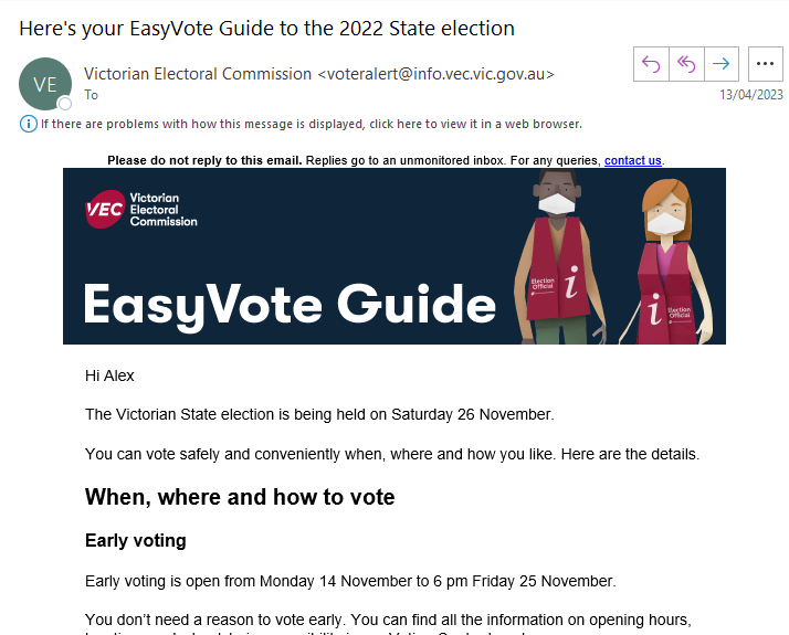Screenshot of an email the VEC sends as part of its VoterAlert service.