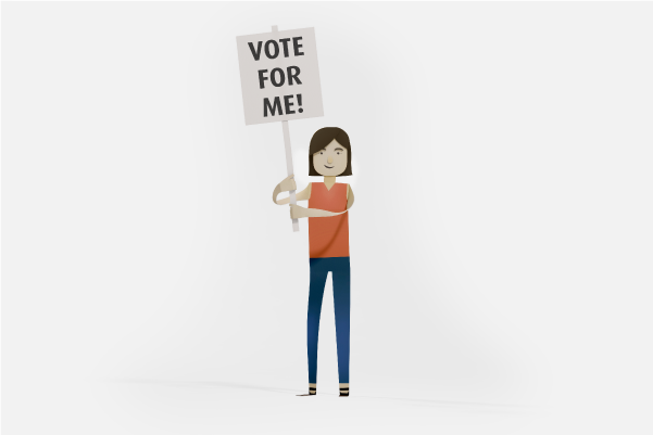 Illustration of a woman with a placard that says 'vote for me'.