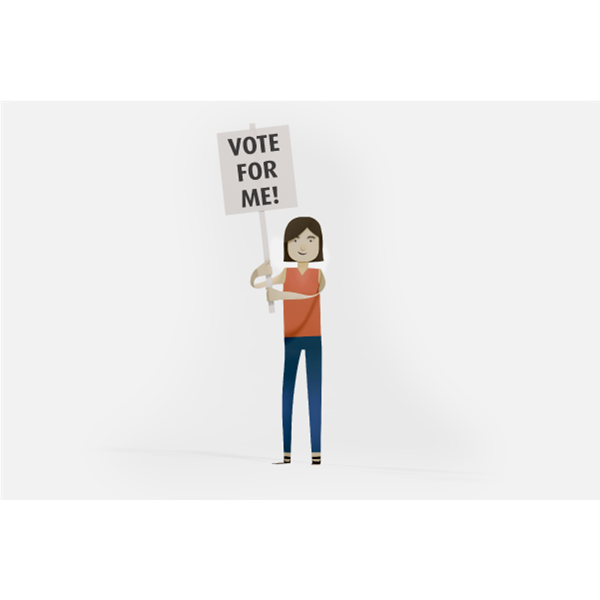 Illustration of a woman with a placard that says 'vote for me'.