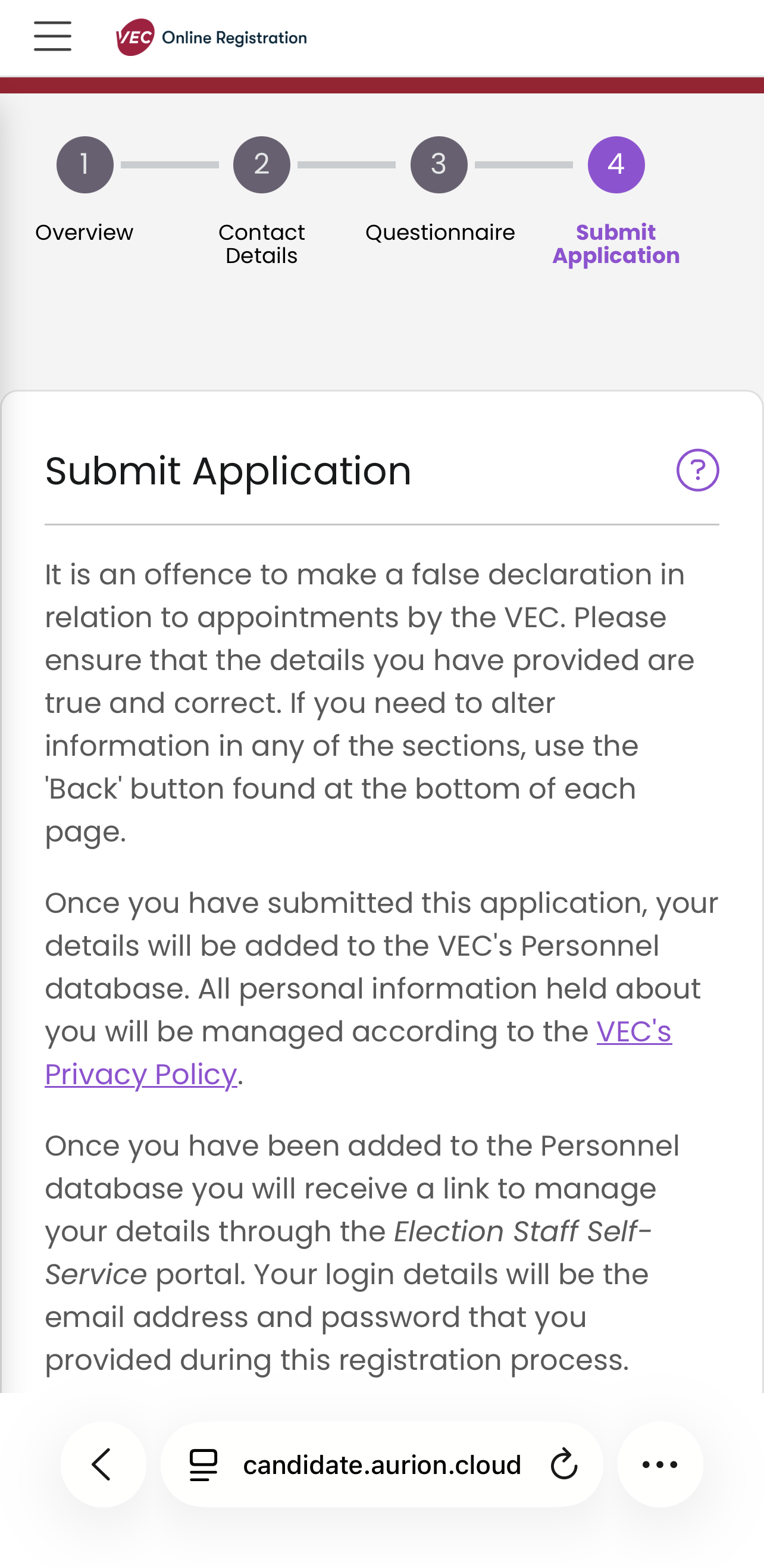 A screenshot showing the election staff Application Form