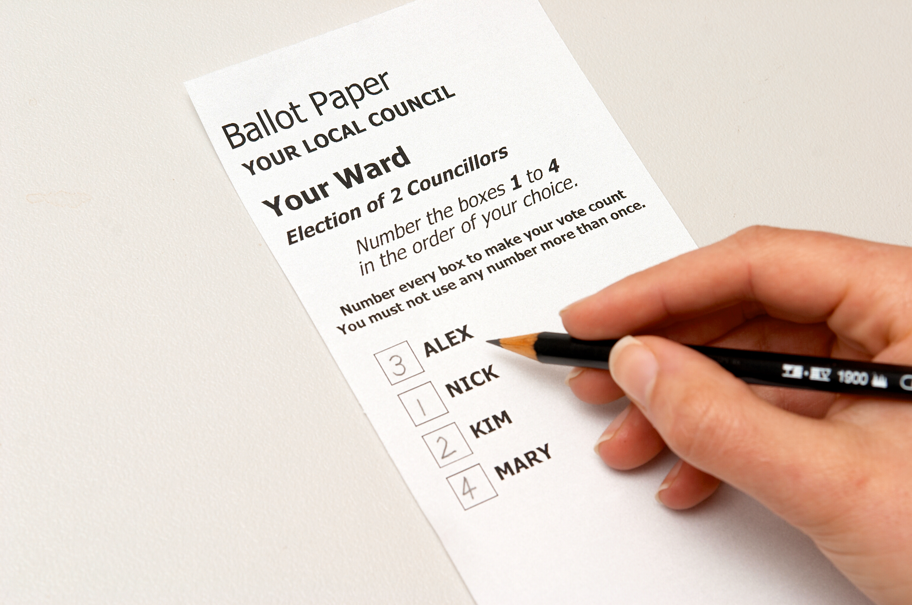 Detail of hand marking a local council ballot paper