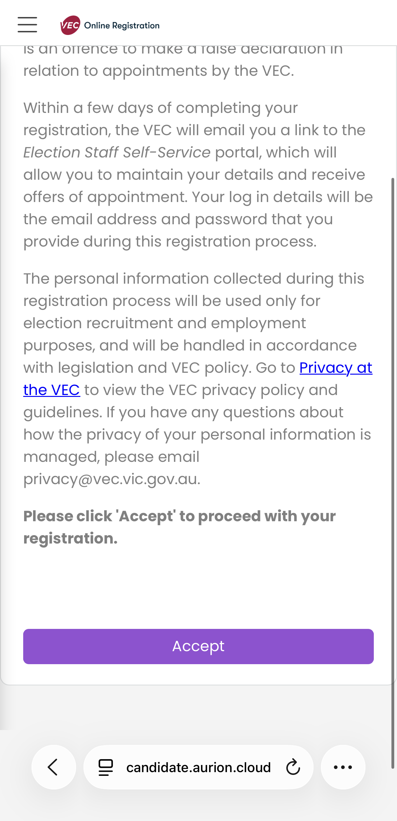 A screenshot showing a privacy statement