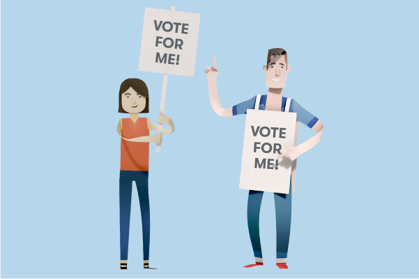 Illustration of a woman holding a 'vote for me' sign, standing next to a man wearing a 'vote for me' sandwich board.