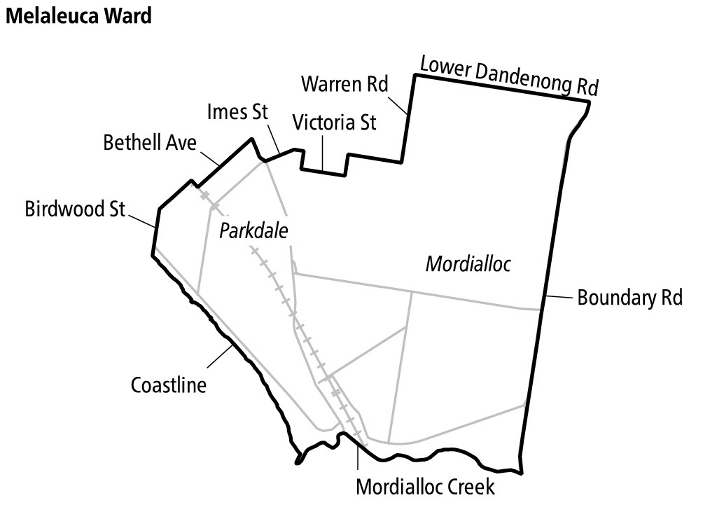 Map of Melaleuca Ward showing an area covering Parkdale and Mordialloc, extending from the coastline in the west to Boundary Road in the east. Northern edges include Lower Dandenong Road, Warren Road, Victoria Street and Imes Street. Mordialloc Creek forms the southern boundary, with a railway line running north–south through the ward.