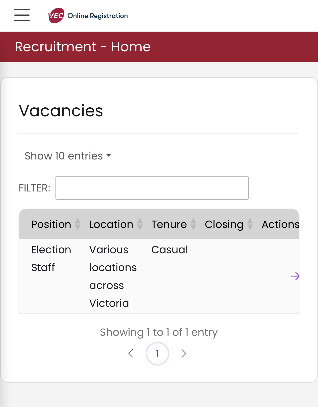 A screenshot showing a list of vacant positions