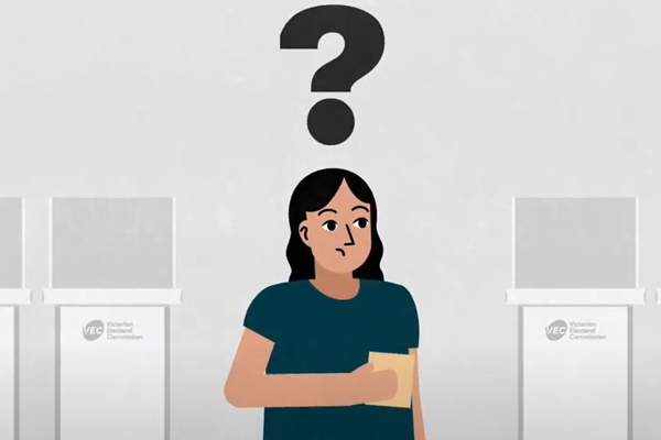 Woman standing in a voting centre. She is holding a ballot paper and has a large question mark hovering over her head.