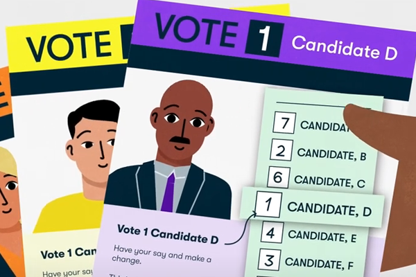 3 different how-to-vote cards. The top one says 'Vote 12 Candidate D'. There is a picture of candidate D and a sample ballot paper. All boxes are numbered.
