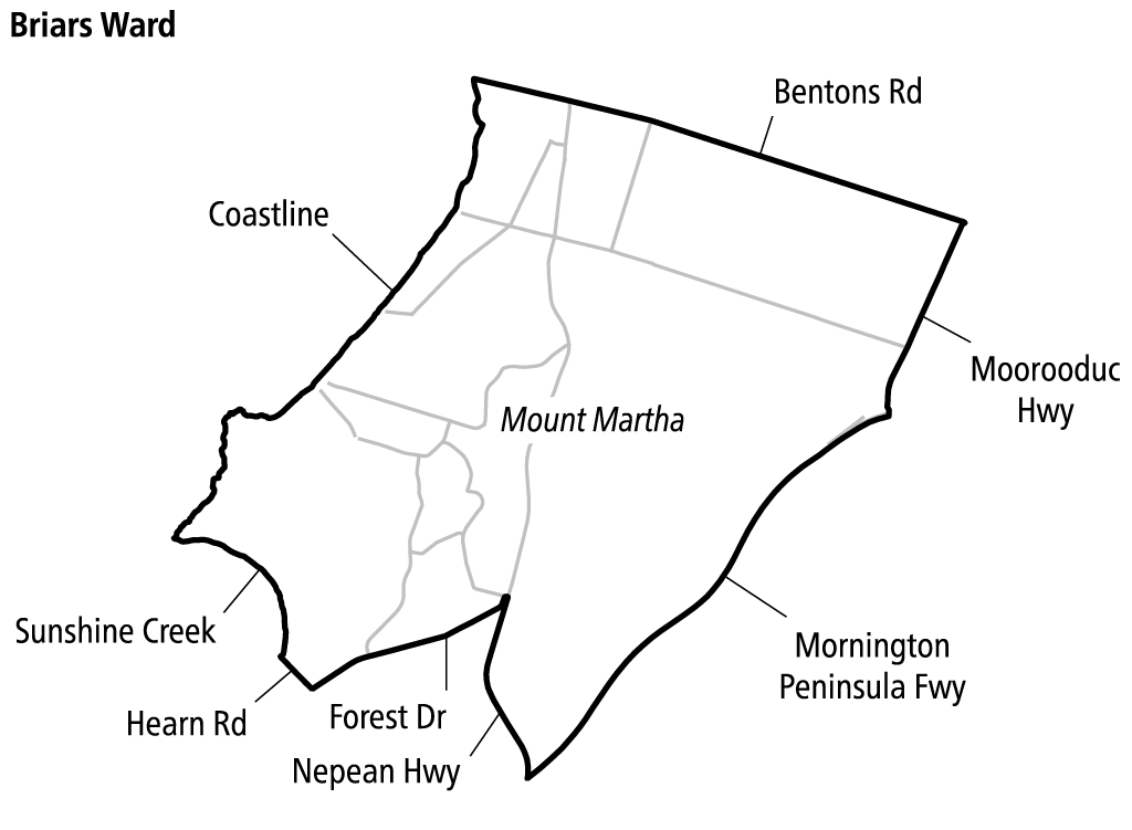 Map of Briars Ward in Mornington Peninsula Shire. The ward includes Mount Martha. Boundaries follow the coastline, Bentons Road, Moorooduc Highway, Mornington Peninsula Freeway, Nepean Highway, Forest Drive, Hearn Road and Sunshine Creek.