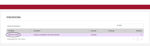 You will see a list of vacant positions: Click the purple ‘Election Staff’ text.  This link will take you to the ‘Vacancy Details’ page.