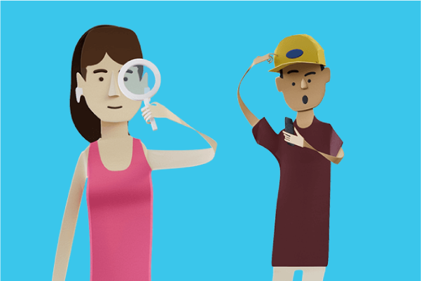 A woman looking through a magnifying glass, and a man appearing shocked at something they're reading on their phone. 