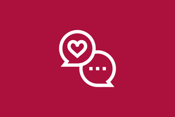 Red background with white icon of 2 speech bubbles. One with a heart, and another with a 3 dot ellipsis