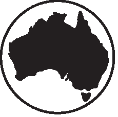 Put Australia First Logo. Solid shape of Australia with a black circle around it. 