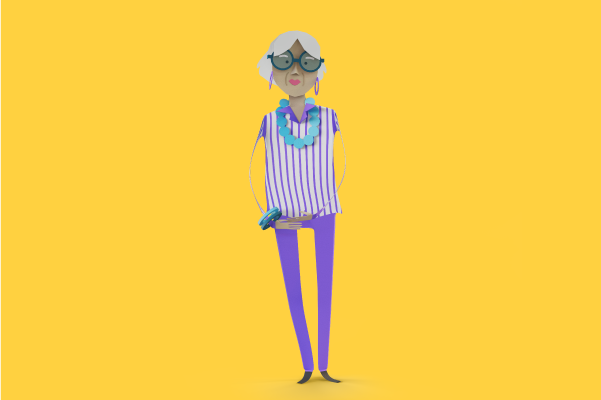 Illustration of smiling grandmother Rita wearing purple trousers, stripy top and blue jewelery